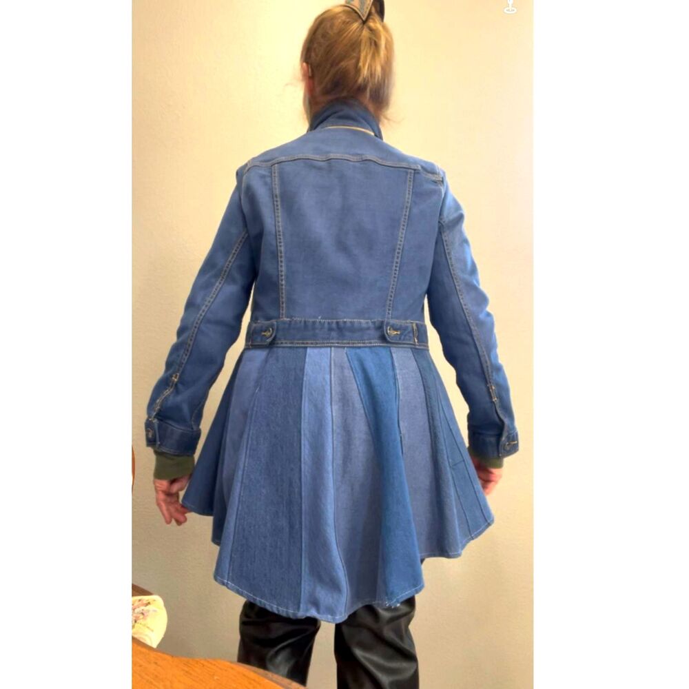 Upcycled blue denim jacket with high low peplum, Size M